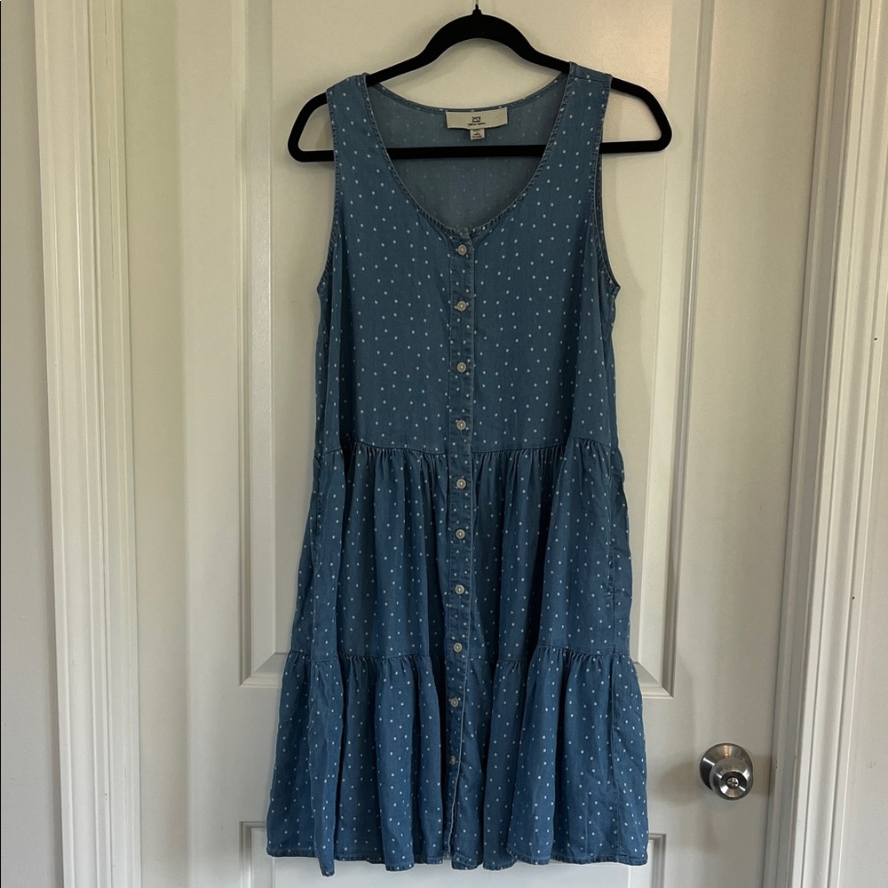 Thread & supply denim polka dot ruffle dress size small